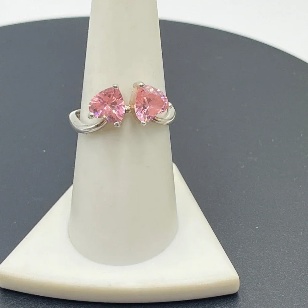 Sterling‎ Silver 925 Double Heart Pink Ice Gemstone Faux Bypass Ring Sz 8.25